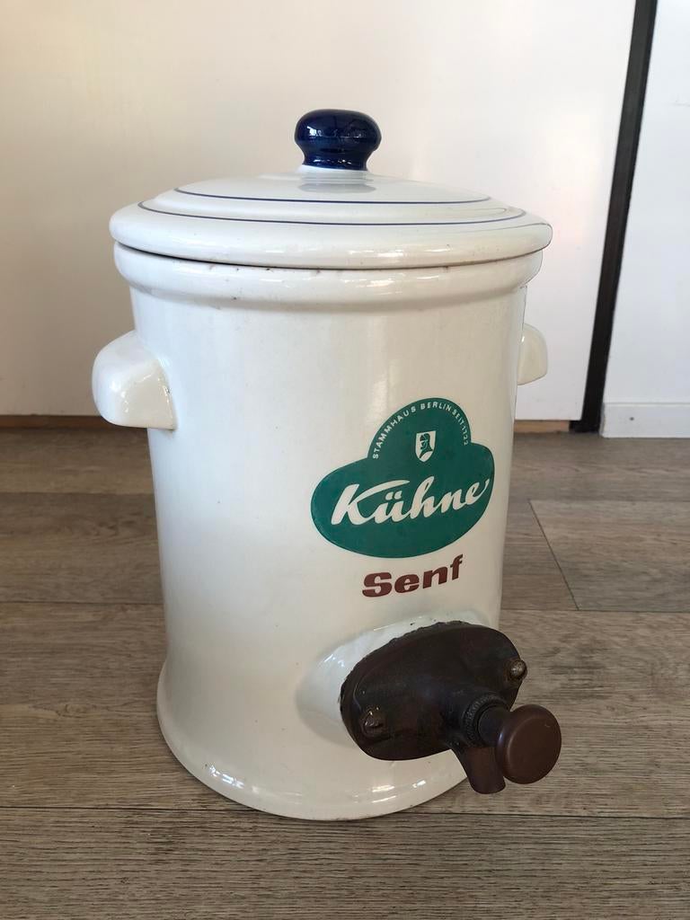 Vintage aardewerken mosterdpot senf met pompje, Antiek en Kunst, Ophalen