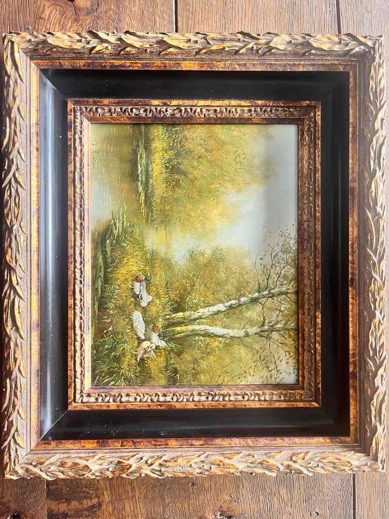 Schilderij Roesingh met decoratieve lijst - Eenden aan de w, Antiek en Kunst, Ophalen of Verzenden