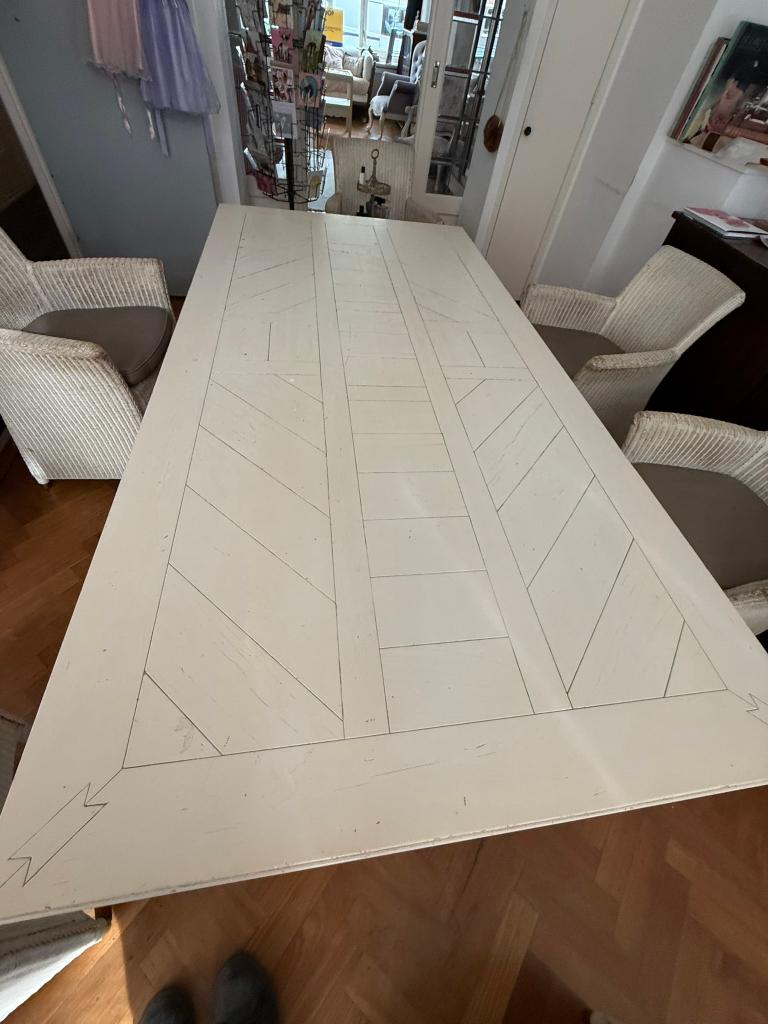 Tafel van Frans eiken met 6 Lloyd Loom stoelen, Ophalen, Gebruikt, 100 tot 150 cm, Eikenhout
