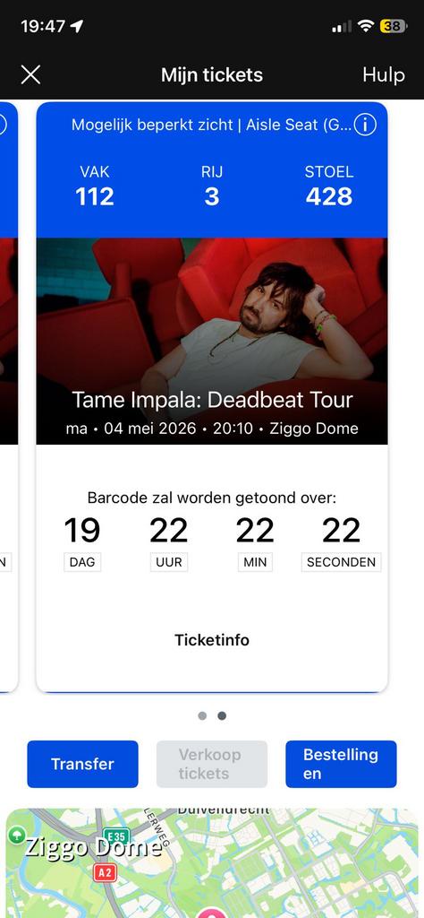 Twee tickets Tame Impala 4 mei 20.00 Ziggo dome zitplekken, Twee personen, Mei