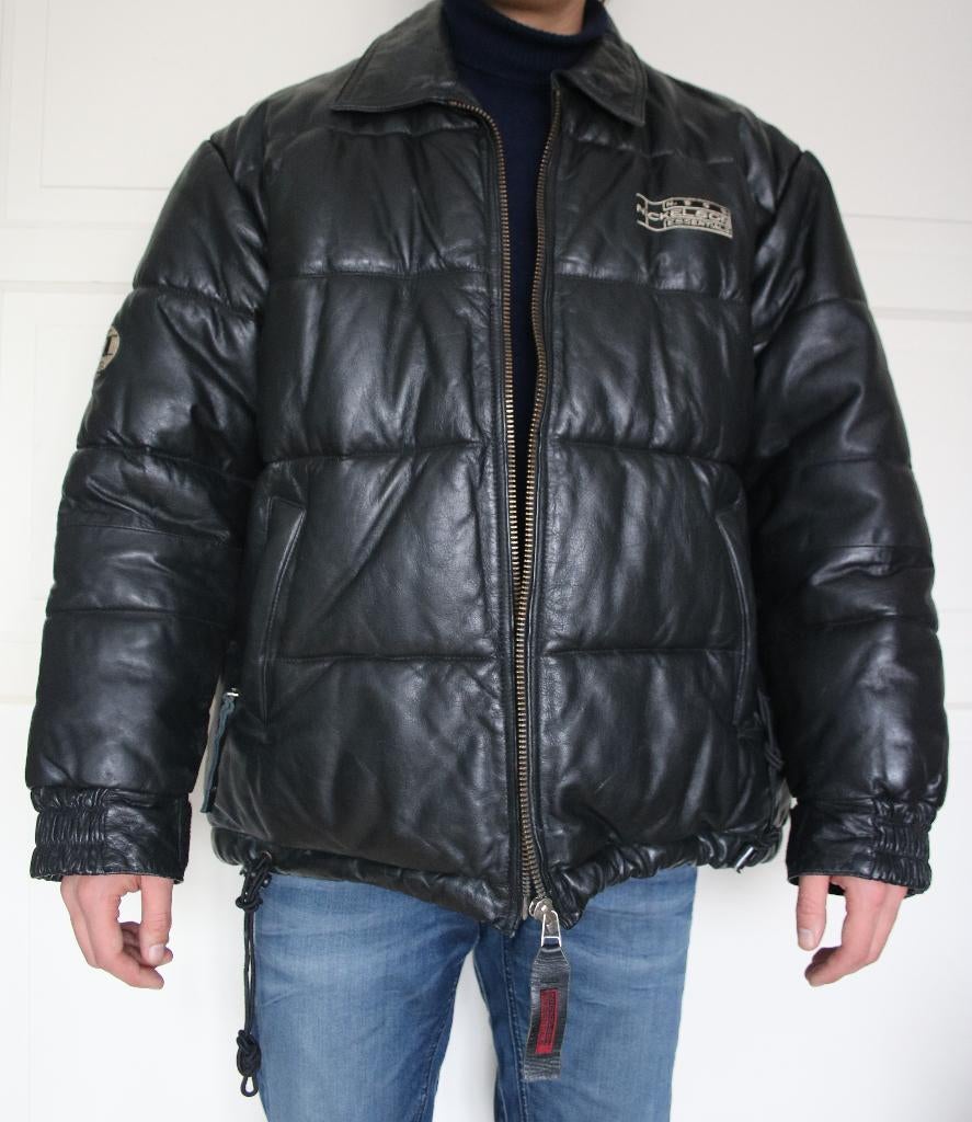 Vintage Nickelson zwart lederen bomberjack/pufferjas maat L, Maat 52/54 (L), Zwart, Nickelson, Ophalen of Verzenden