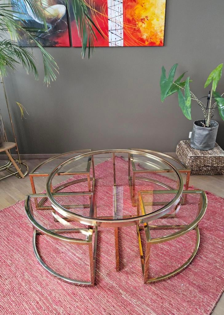 Retro salontafelset in verguld chroom, Huis en Inrichting, Tafels | Salontafels, 50 tot 100 cm, Rond, Ophalen of Verzenden, Zo goed als nieuw