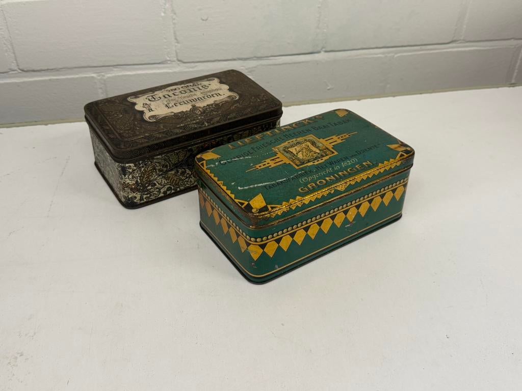 2 x oud tabak blik lieftinck taconis groningen Leeuwarden, Ophalen of Verzenden, Zo goed als nieuw, Overige