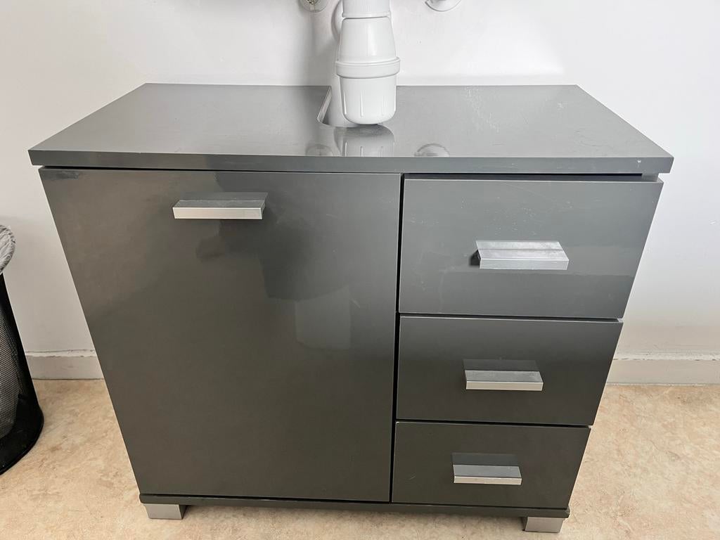 Grijze wastafelkast met lades en deurtje, Huis en Inrichting, Badkamer | Badkamermeubels, Ophalen, 50 tot 100 cm, Zo goed als nieuw