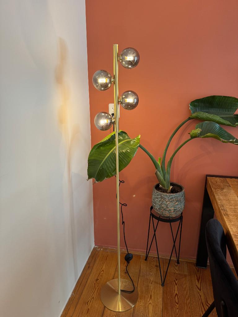 Gouden vloerlamp Lucide Tycho met rookglazen bollen, Ophalen, Zo goed als nieuw, Glas, 150 tot 200 cm