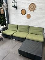 Loungeset met groene kussens!, Ophalen, Gebruikt, 3 zitplaatsen, Hocker
