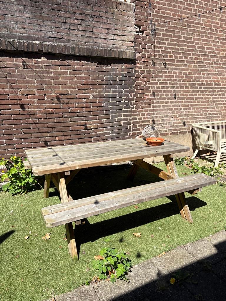 Robuuste houten picknicktafel voor tuin of terras, Ophalen, Gebruikt, Rechthoekig, Hout