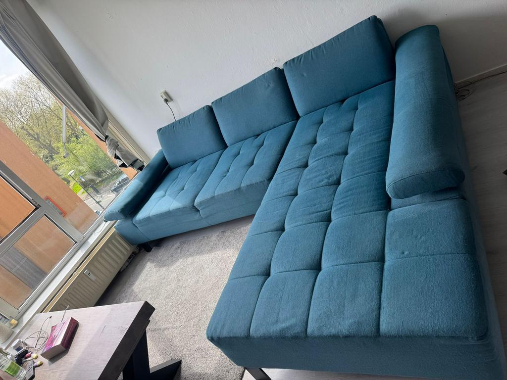 Blauwe/turquoise hoekbank, Ophalen, Gebruikt, Stof