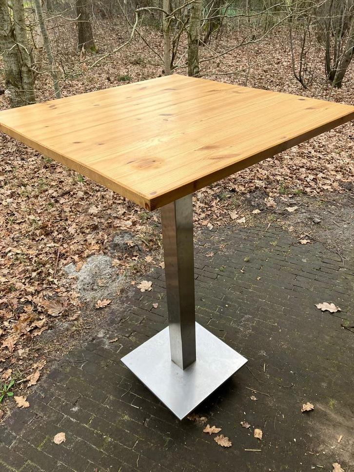 Statafel met metalen onderstel en houten blad (79x79 cm), Huis en Inrichting, Tafels | Statafels, Gebruikt, Ophalen of Verzenden