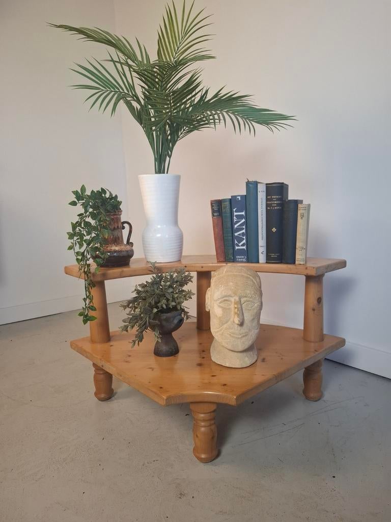 Vintage grenen hoektafel met 2 verdiepingen, Ophalen of Verzenden