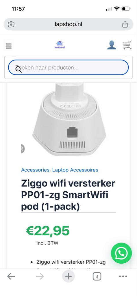 4x Ziggo SmartWifi pods PP01-ZG - Wifi versterker (3 stuks), Biven vredenburgpassage 128, Zo goed als nieuw, Info@ziggo.nl, Ziggo
