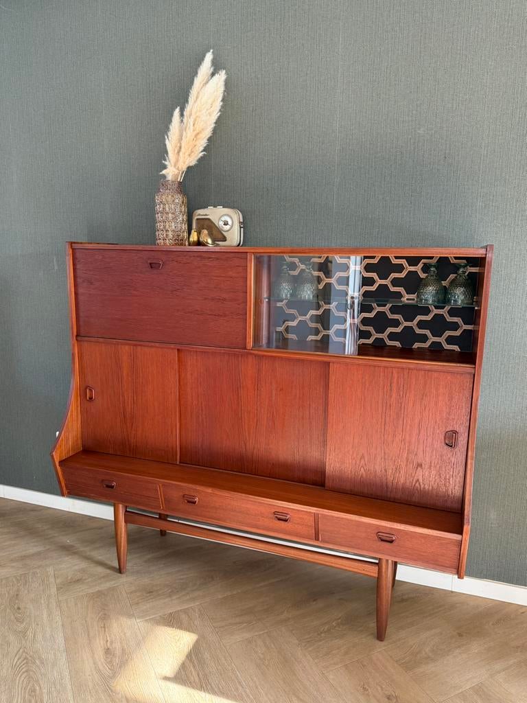 Vintage retro kast / highboard / drankkast met print, Huis en Inrichting, Ophalen, 150 tot 200 cm, ..., Zo goed als nieuw