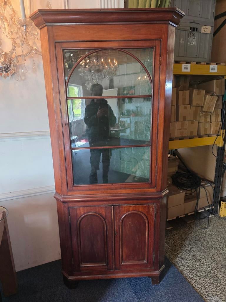 Antieke Mahonie Hoekvitrinekast met Glasdeuren, Ophalen of Verzenden