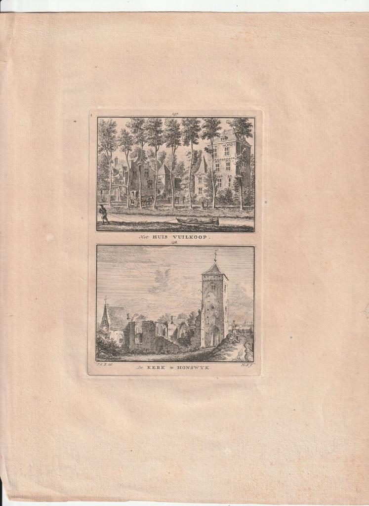 Het Huis Vuilkoop / De kerk te Honswijk gravure Spilman 1750, Verzenden, Landschap, Blanco verso, 1700 - 1799