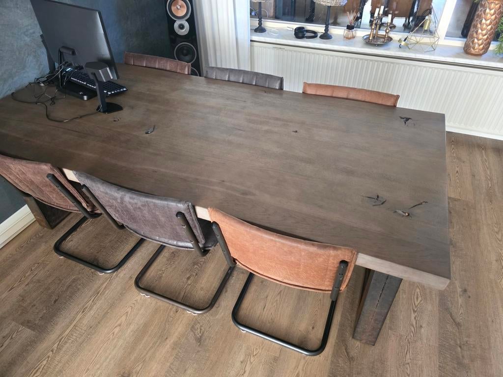 Salontafel en eettafel set - massief eiken en staal, Gebruikt, Modern, Industrieel, 200 cm of meer, Vijf personen of meer