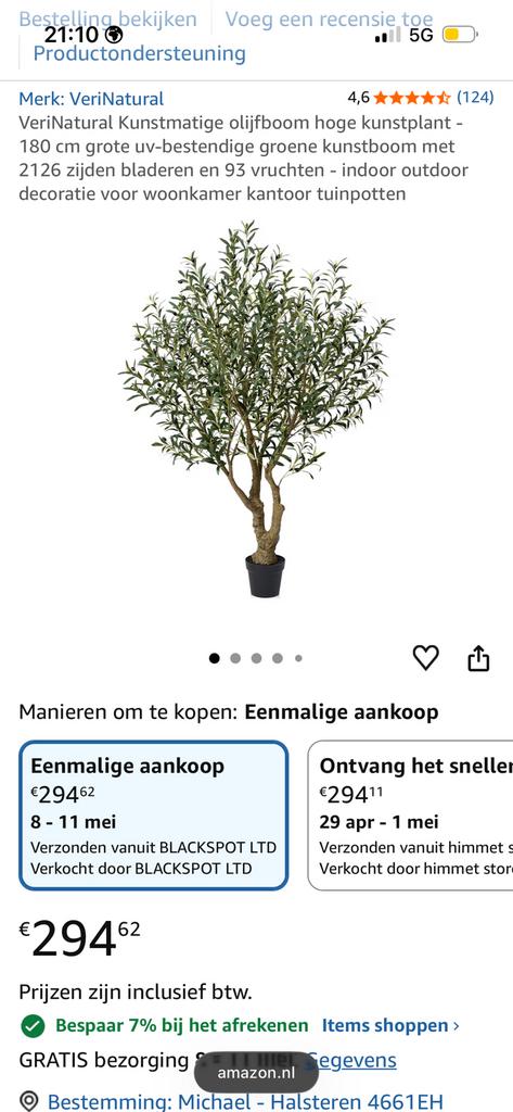 VeriNatural kunst Olijfboom 180cm, Volle zon, Ophalen of Verzenden, 100 tot 250 cm, Olijfboom