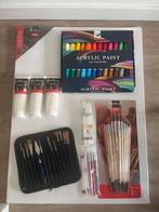 Gloednieuwe acrylverfset met penselen en doeken, Ophalen, Nieuw, Acrylverf