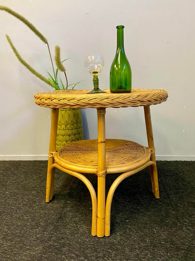 Vintage rond tafeltje retro rotan bijzettafel salontafel, Overige materialen, 55 tot 75 cm, Zo goed als nieuw, Nvt