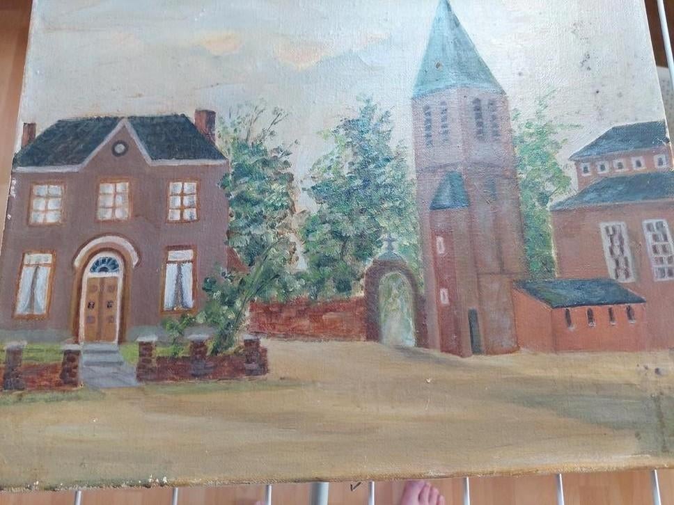 Oud schilderij van een dorpsgezicht met kerk en huizen, Antiek en Kunst, Kunst | Schilderijen | Klassiek, Ophalen