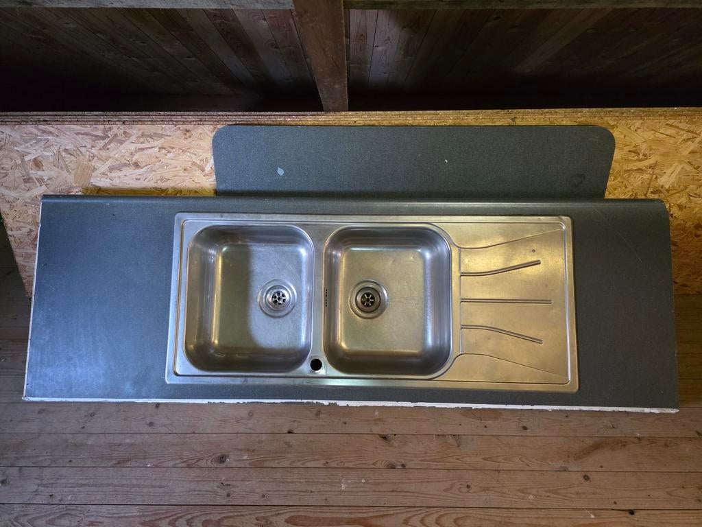 Keukenblad met dubbele RVS spoelbak, Ophalen, 50 tot 75 cm, Minder dan 100 cm