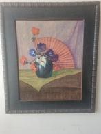 Prachtig oud pastel schilderij, bloemen met waaier, Ophalen of Verzenden