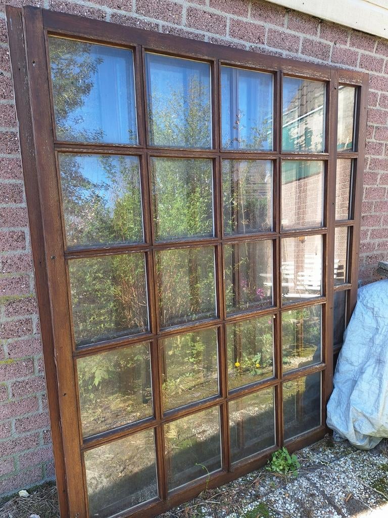 3 ramen / hardhouten voorzetramen met vlakverdeling / roedes, Doe-het-zelf en Verbouw, Glas en Ramen, Ophalen, Gevelraam of Ruit