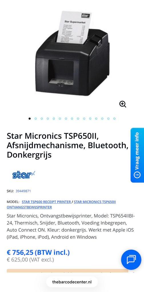 Star Micronics TSP650II. Bluetooth bonprinter, Computers en Software, Printers, Zo goed als nieuw, Ophalen of Verzenden
