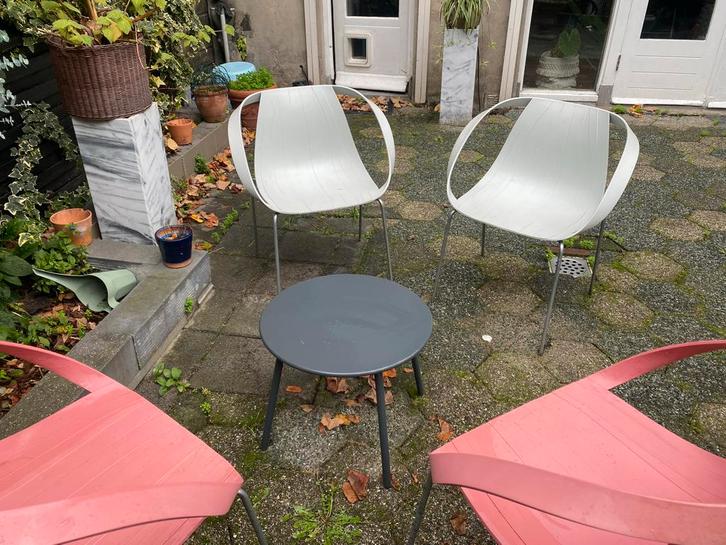 4 Italiaanse Design Tuinstoelen, Tuin en Terras, Tuinstoelen, Gebruikt, Kunststof, Stapelbaar, Ophalen