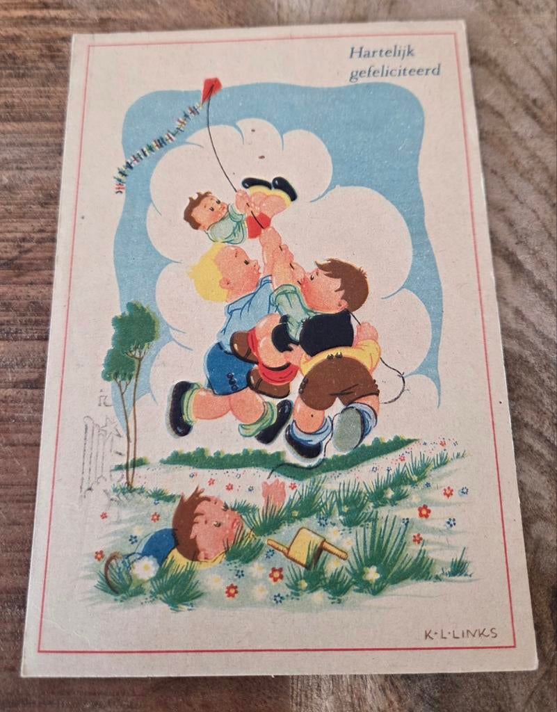 Kinderen spelen met vlieger - Karel Links, Verzamelen, Ansichtkaarten | Themakaarten, Gelopen, 1940 tot 1960, Kinderen, Verzenden