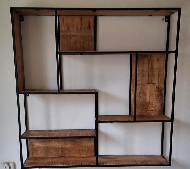 Vintage Wandrek Mango Hout & Zwart Metaal - 100x100cm, Huis en Inrichting, Woonaccessoires | Wandplanken en Boekenplanken, Zo goed als nieuw