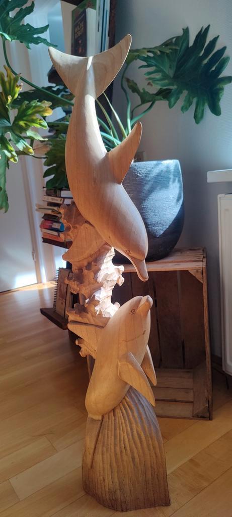 Houten Dolfijnen Beeld - 1 Meter Hoog, Antiek en Kunst, Kunst | Beelden en Houtsnijwerken, Ophalen of Verzenden
