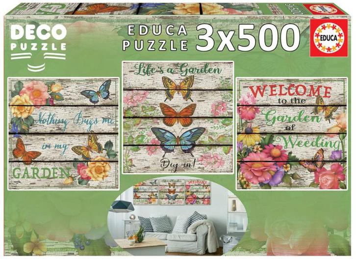 Educa - Vlindertuin - 3 x500 stukjes, Hobby en Vrije tijd, Denksport en Puzzels, Nieuw, Legpuzzel, 500 t/m 1500 stukjes, Ophalen of Verzenden