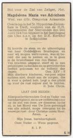 Magdalena M. van Adrichem 1866 Vlaardingen + 1943 Delft, Verzenden, Bidprentje