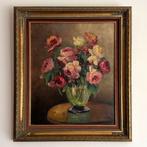 Groot schilderij bloemstilleven met rozen in gouden ijst, Antiek en Kunst, Ophalen