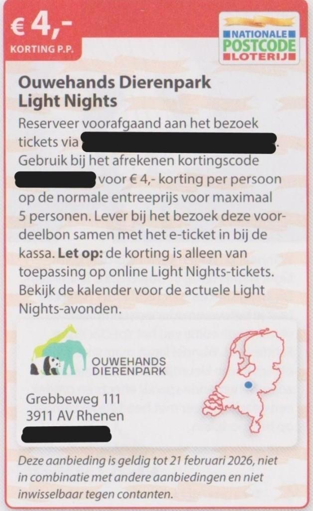 Ouwehands Dierenpark Light Nights. Rhenen. € 4,00 korting pp, Tickets en Kaartjes, Recreatie | Dierentuinen, Drie personen of meer