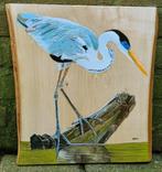 Schilderij blauwe reiger op hout voor huis of tuin, Ophalen of Verzenden, Nieuw