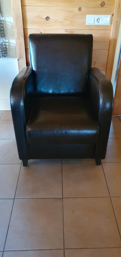 2 Donkerbruine lederen fauteuils, Huis en Inrichting, Fauteuils, Gebruikt, Ophalen