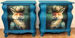 2 Petrol blauwe nachtkastjes “Vos”, 3 lades, eclectisch, 70 cm of minder, Blauw, Tweepersoons, Ophalen of Verzenden