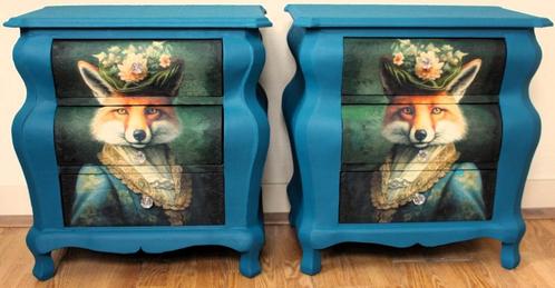 2 Petrol blauwe nachtkastjes “Vos”, 3 lades, eclectisch, Huis en Inrichting, Slaapkamer | Bedden, Zo goed als nieuw, Tweepersoons