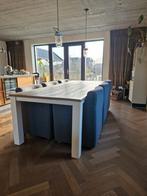 Eetkamerset: Eikenhouten tafel + 6 grijze fauteuils, Ophalen, Gebruikt, Eikenhout, 200 cm of meer