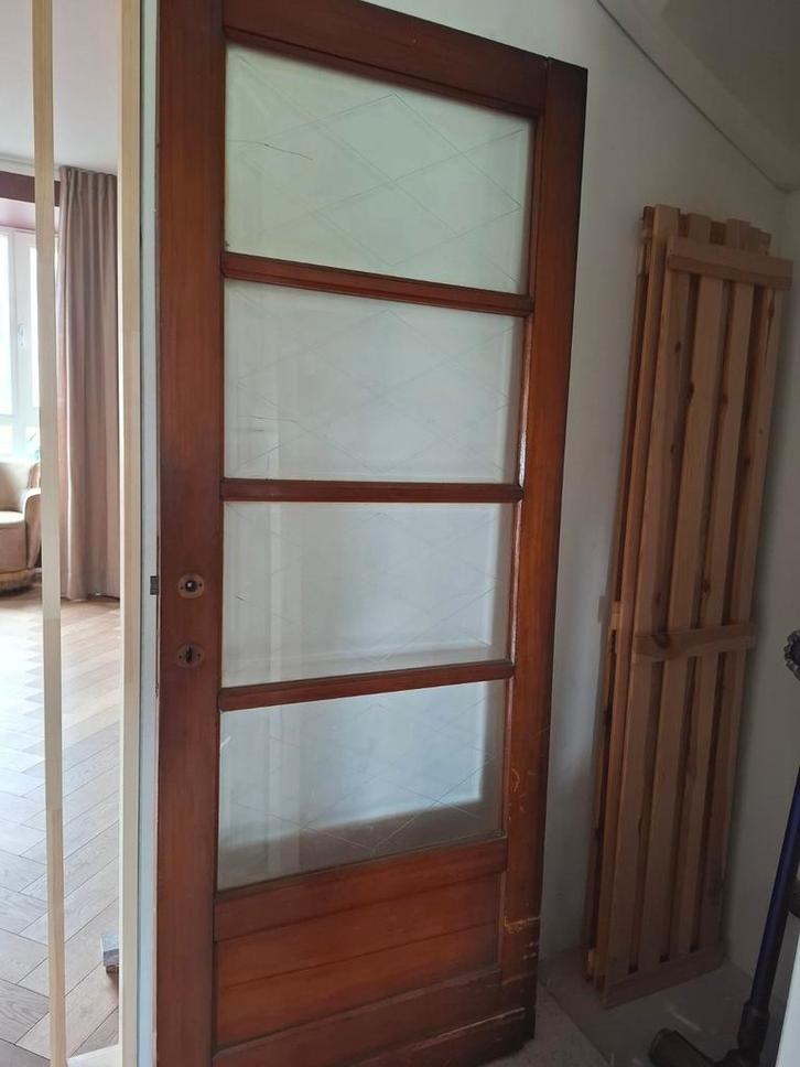 Binnendeur met geslepen glas, Doe-het-zelf en Verbouw, Deuren en Horren, Gebruikt, Binnendeur, 200 tot 215 cm, Glas, Ophalen