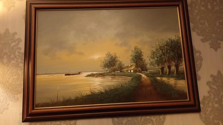 Schilderij: Landschap met water en huis, Antiek en Kunst, Kunst | Schilderijen | Klassiek, Ophalen
