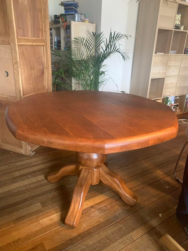 Massief eiken 8-hoekige eettafel - volledig geschuurd/gelakt, Ophalen, Gebruikt, 100 tot 150 cm, Eikenhout