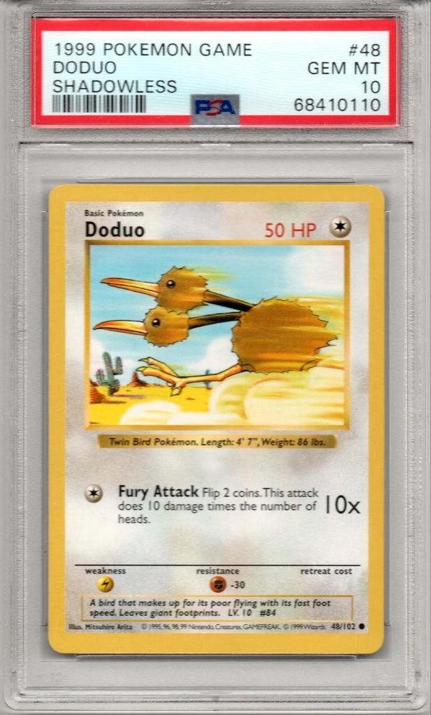 Doduo shadowless Psa 10 Base set., Hobby en Vrije tijd, Verzamelkaartspellen | Pokémon, Zo goed als nieuw, Ophalen of Verzenden