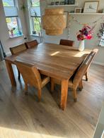 Vierkante teakhouten tafel met 6 leren stoelen, Huis en Inrichting, Tafels | Eettafels, Ophalen, Zo goed als nieuw, 150 tot 200 cm