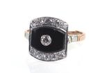 Art Deco ring rosé goud platina onyx en oud slijpsel diamant, Goud, Met edelsteen, Ring, Ophalen
