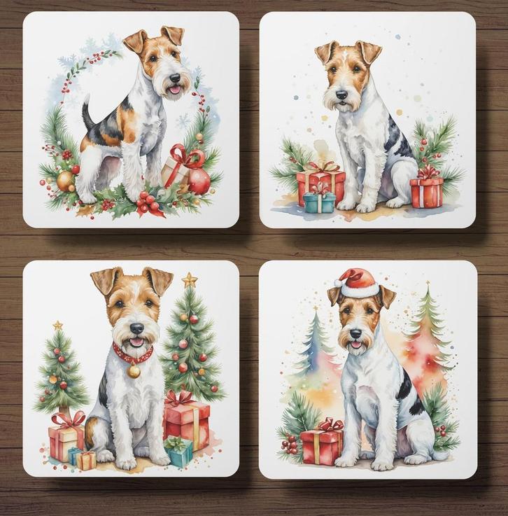 Fox Terrier Kerst onderzetters met houder, Huis en Inrichting, Woonaccessoires | Onderzetters, Nieuw, Glas of Kopje, Ophalen of Verzenden