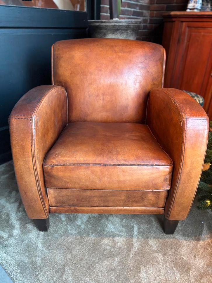 Vintage Fauteuil van Schapenleer, Huis en Inrichting, Fauteuils, Gebruikt, Leer, 50 tot 75 cm, 75 tot 100 cm, Ophalen of Verzenden