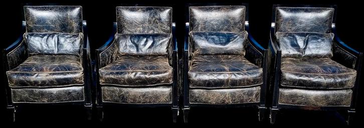 4x Vintage Zwarte Leren Fauteuils + GRATIS BEZORGD, Huis en Inrichting, Fauteuils, Gebruikt, Hout, Leer, Ophalen of Verzenden