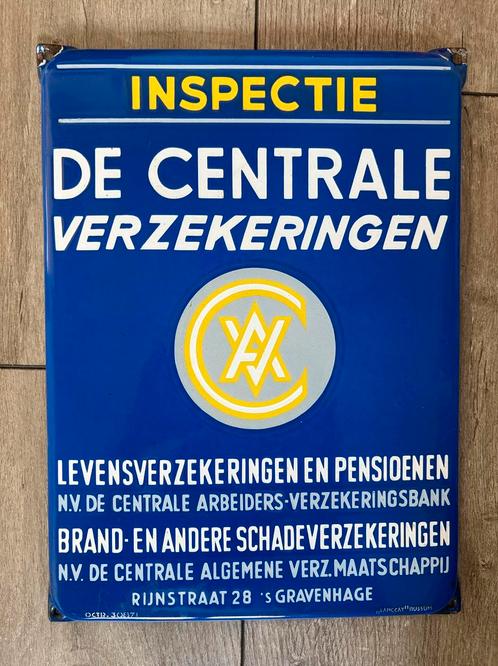 Emaille Reclame bod De Centrale verzekeringen - Langcat, Verzamelen, Merken en Reclamevoorwerpen, Zo goed als nieuw, Reclamebord